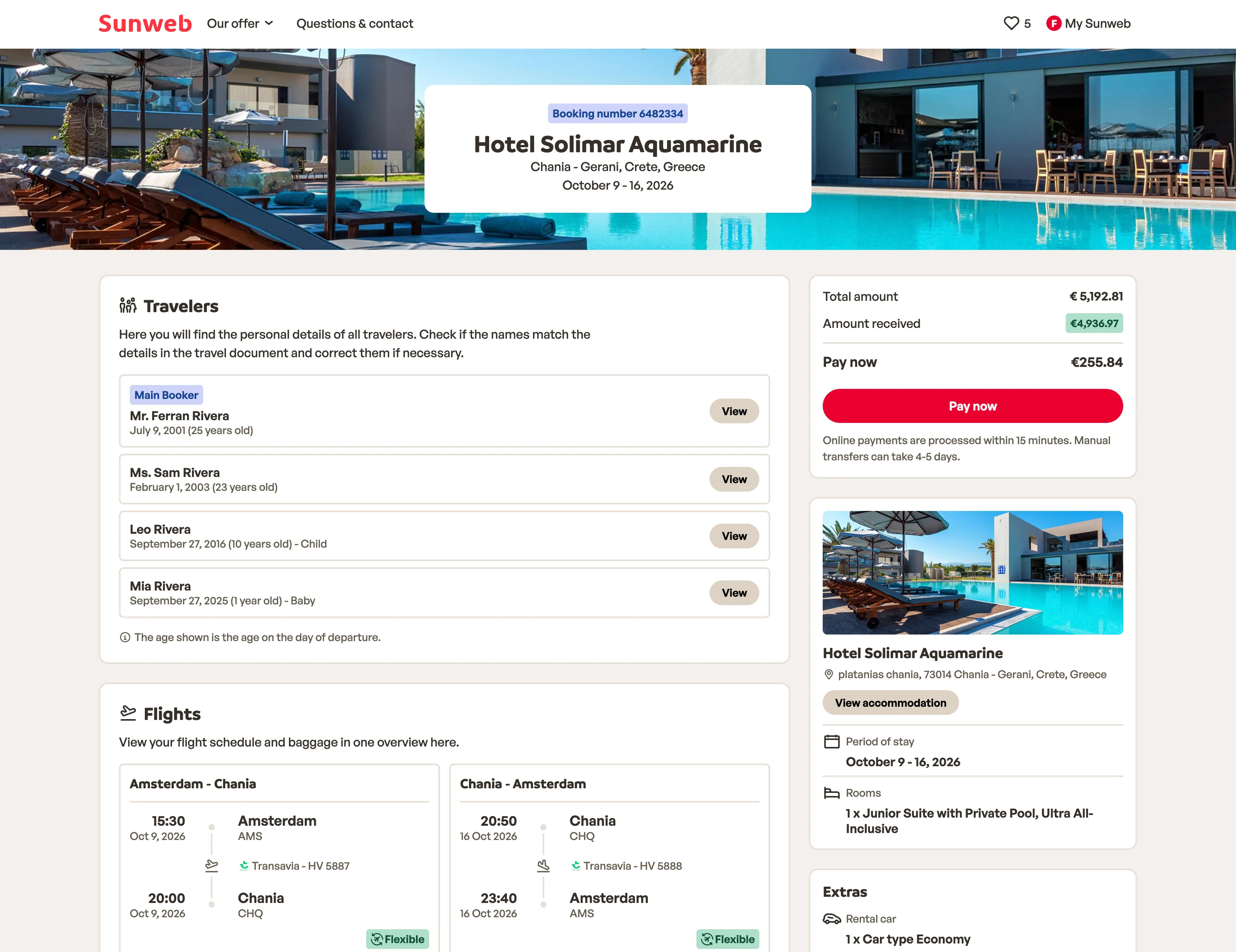 New booking details page: booking number above the hotel name, a travellers card with ages and a view button each, a card per flight direction, and payment and hotel cards on the side