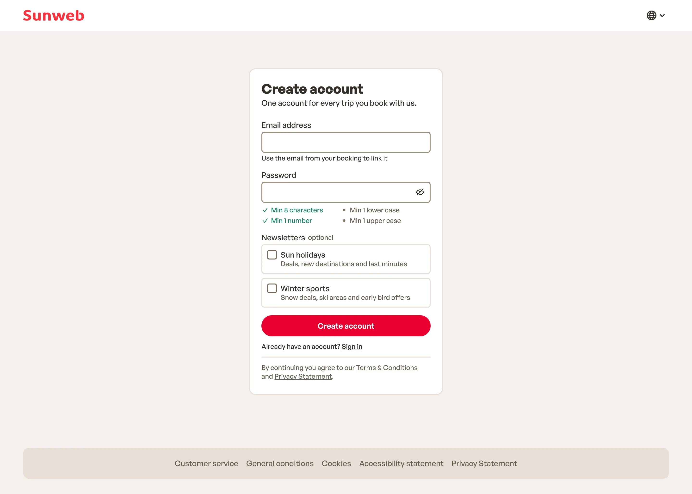 New create account form, with one password field, live password rules and two optional newsletters