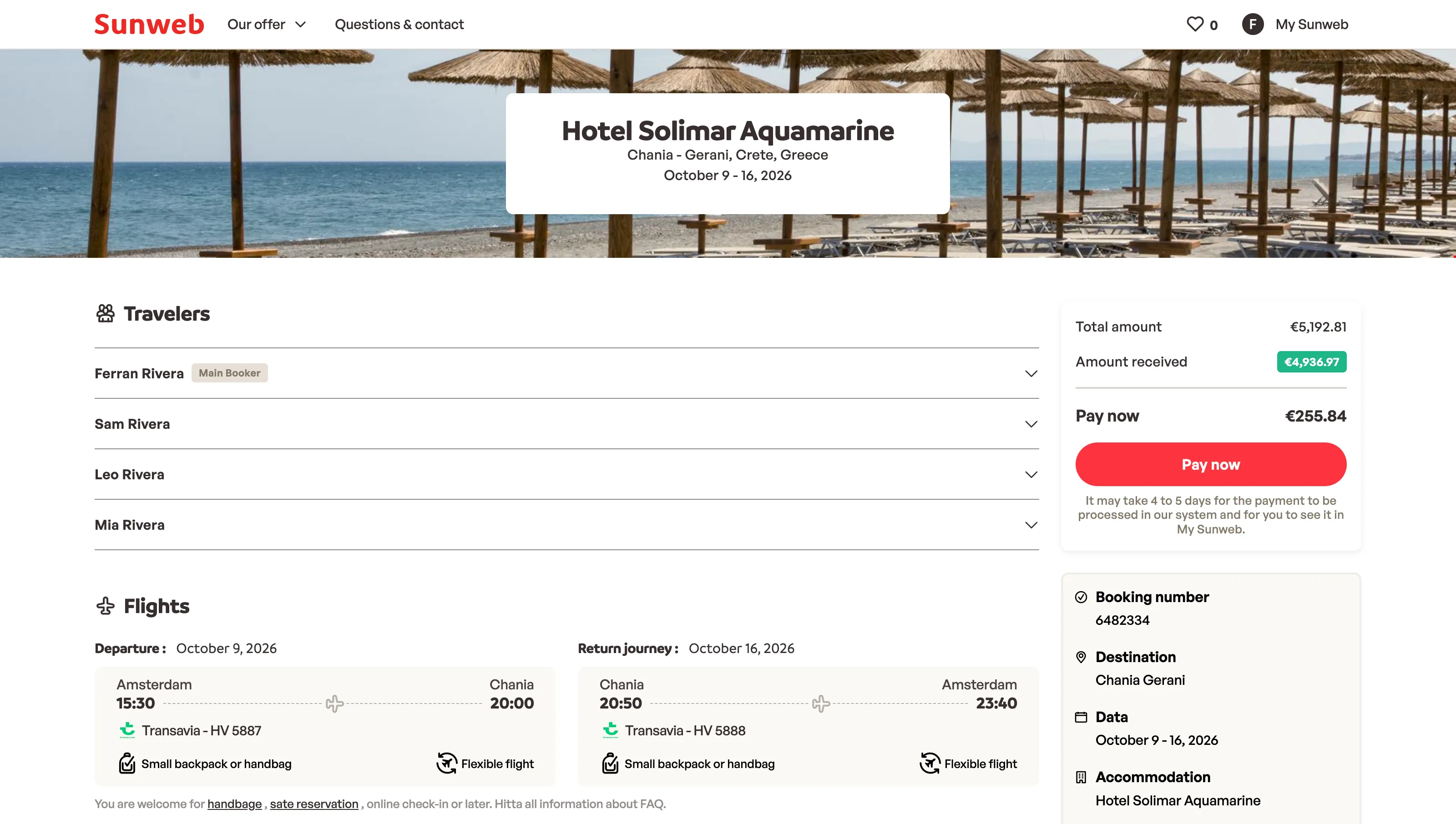 Old booking details page: hotel photo, a list of travellers to expand, one compact row per flight, and payment and booking summary on the side
