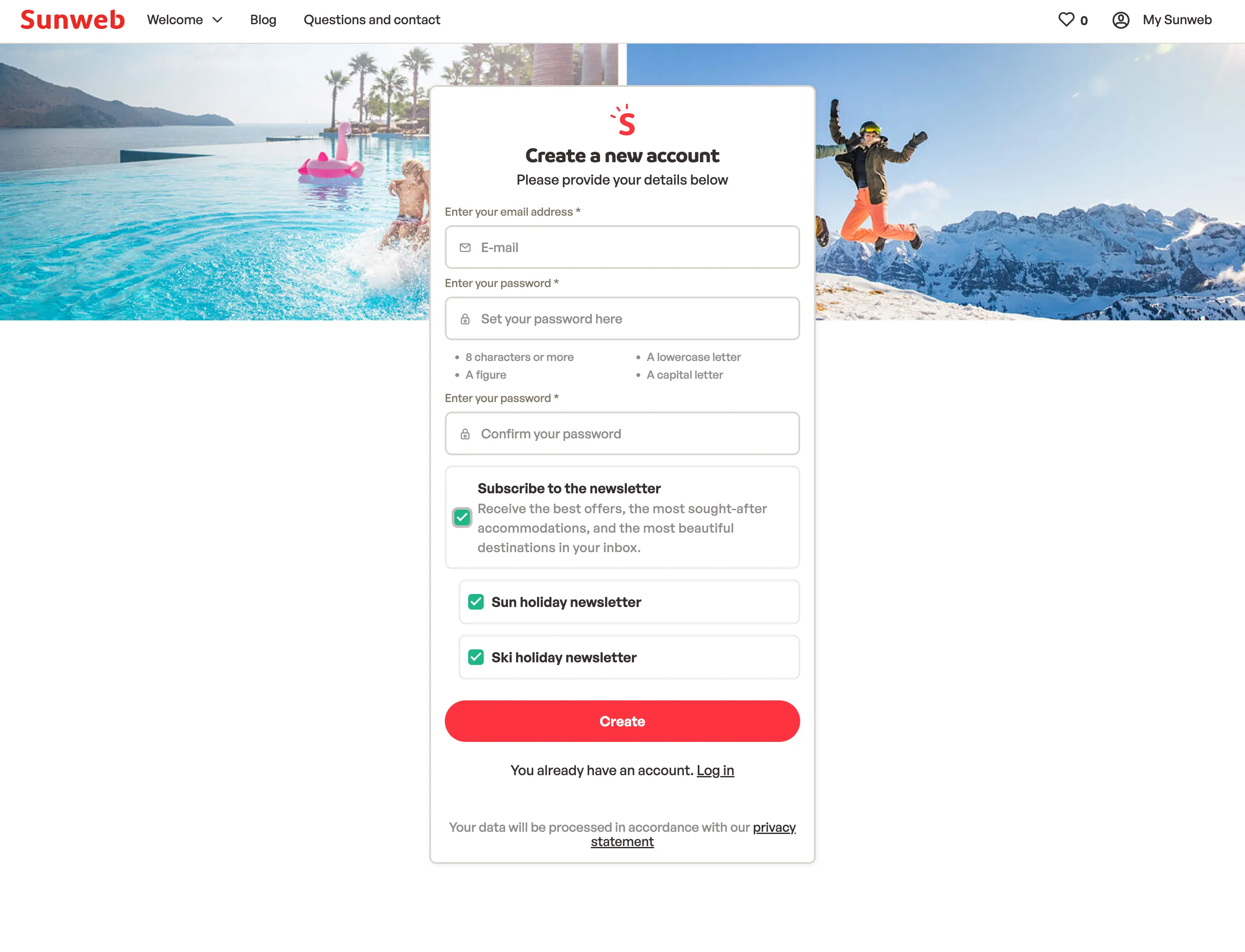 Old create account page, with the password asked twice and a newsletter checkbox that opens two more, already ticked