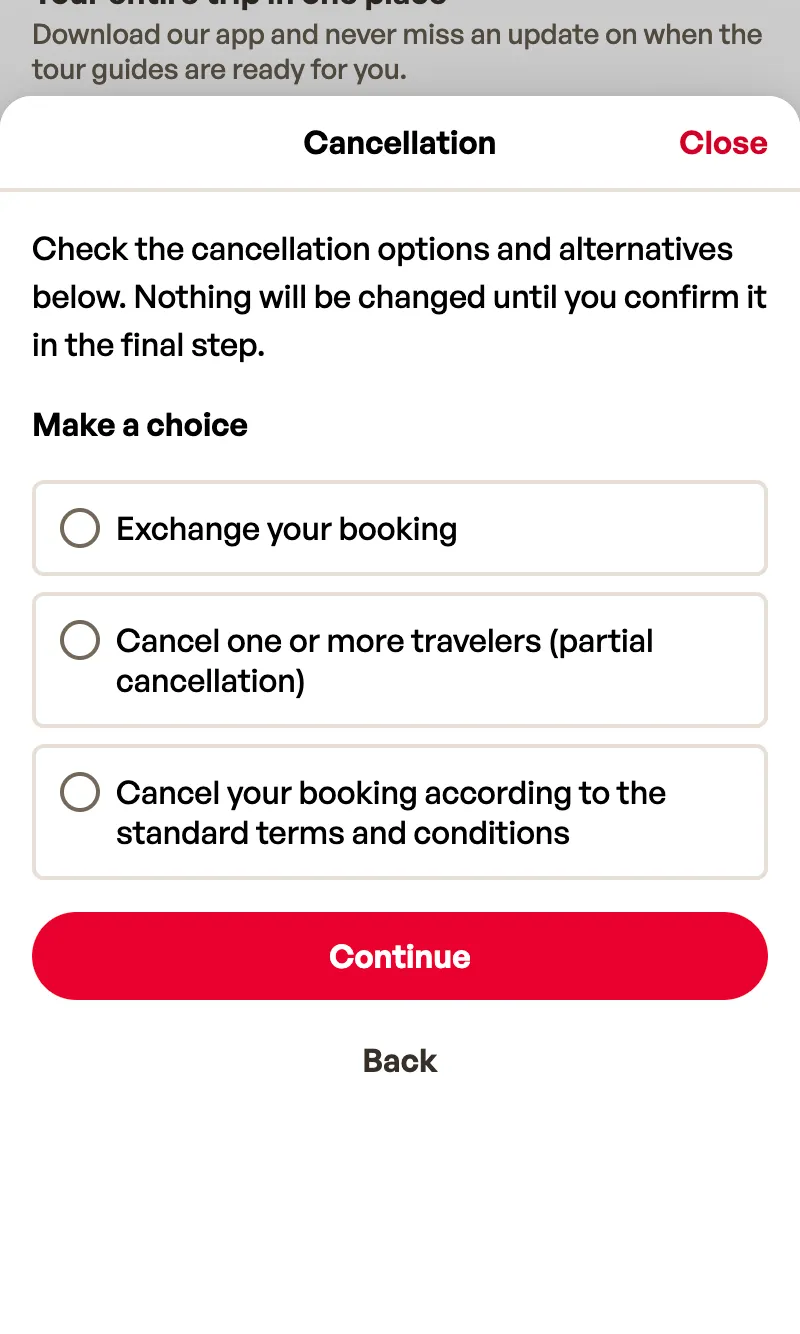 Cancellation sheet with three choices: exchange the booking, cancel some travellers, or cancel the whole booking, and a Continue button