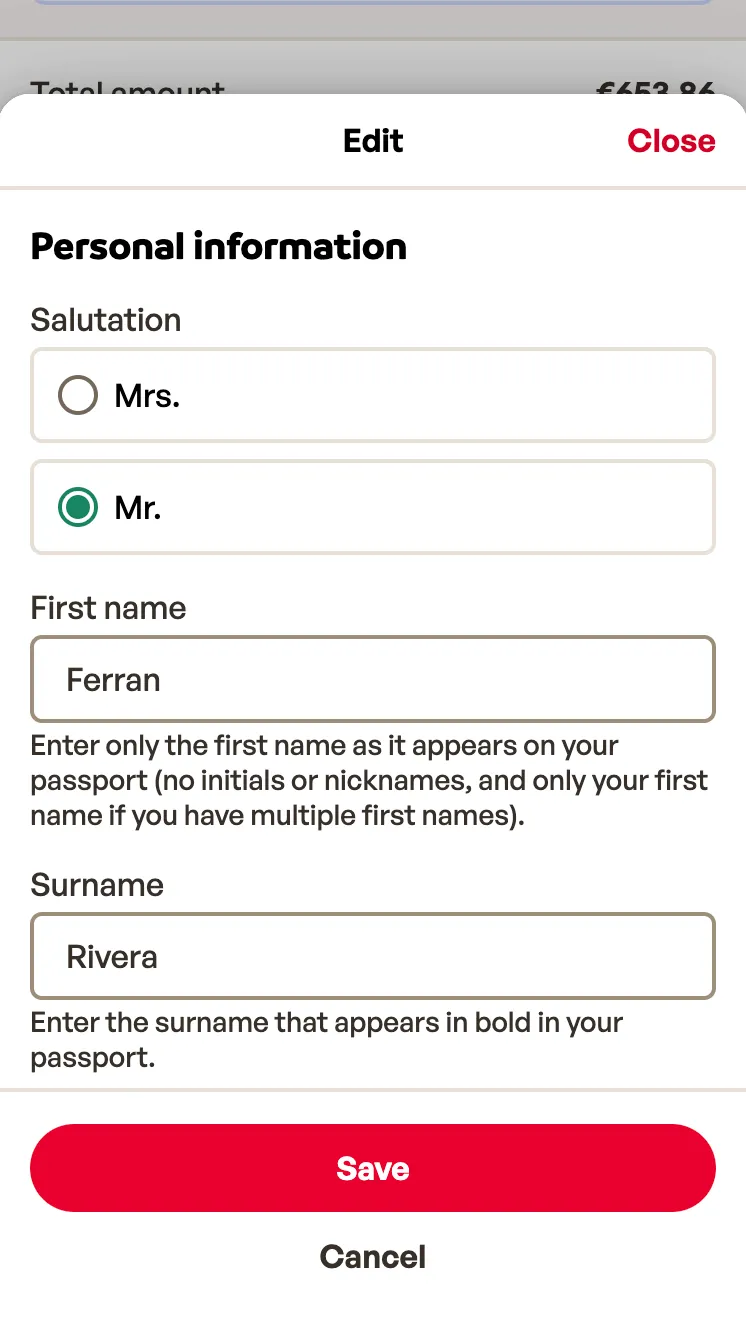 Edit form in the same sheet, with salutation, first name and surname, and Save and Cancel buttons