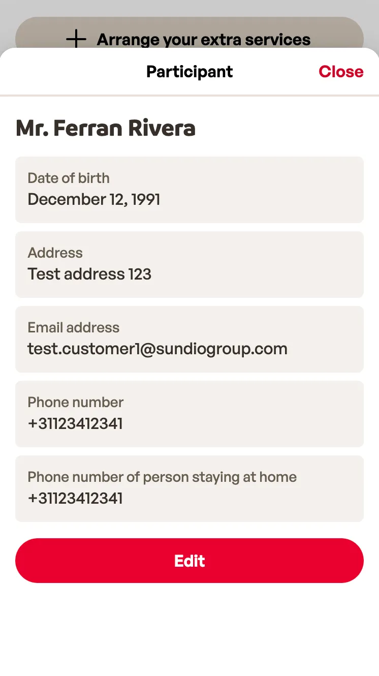 Sheet with one traveller’s date of birth, address, email and phone numbers, and an Edit button