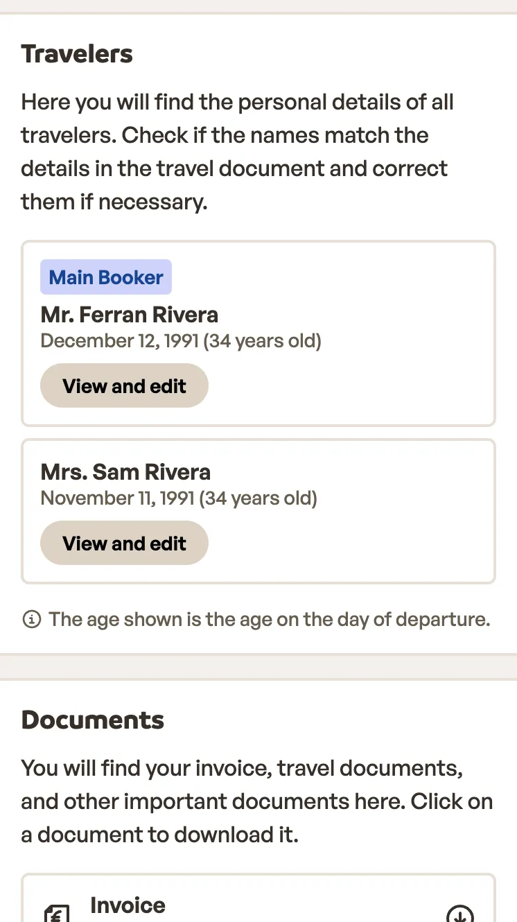 Booking details on a phone, with the travellers card and a View and edit button for each traveller