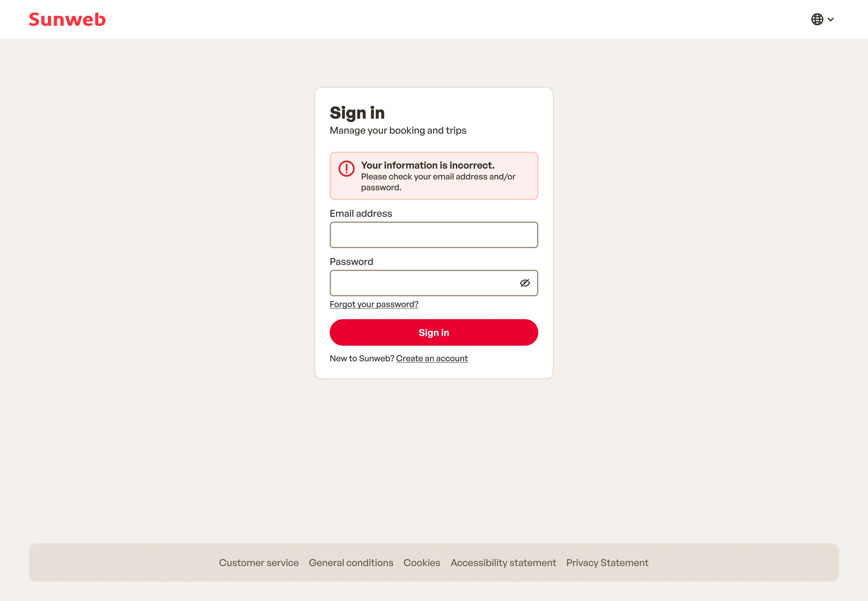 Sign in with wrong details: one message for both fields, asking to check the email address and password
