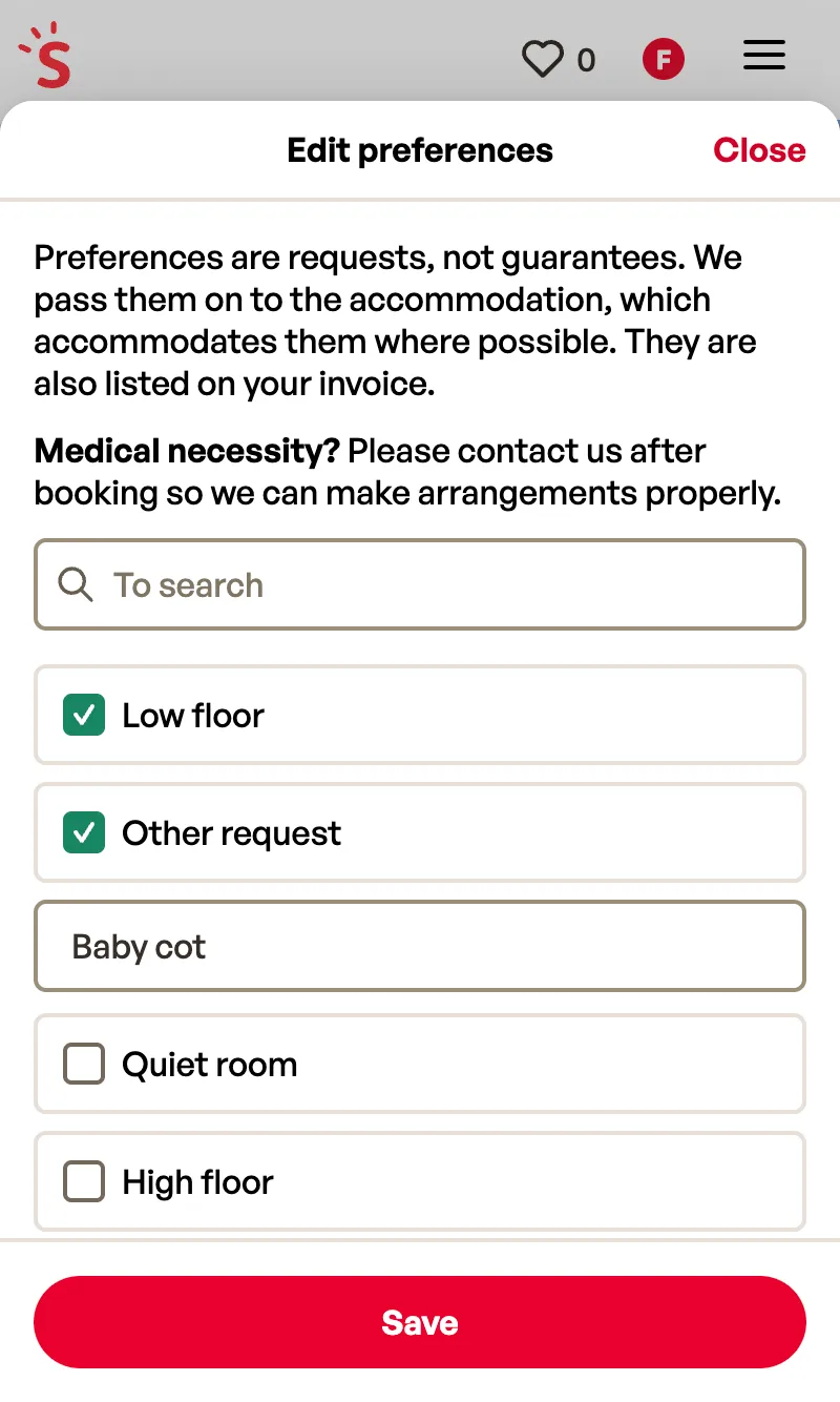 Edit preferences sheet with a search field and ticked requests such as low floor and a baby cot, and a Save button