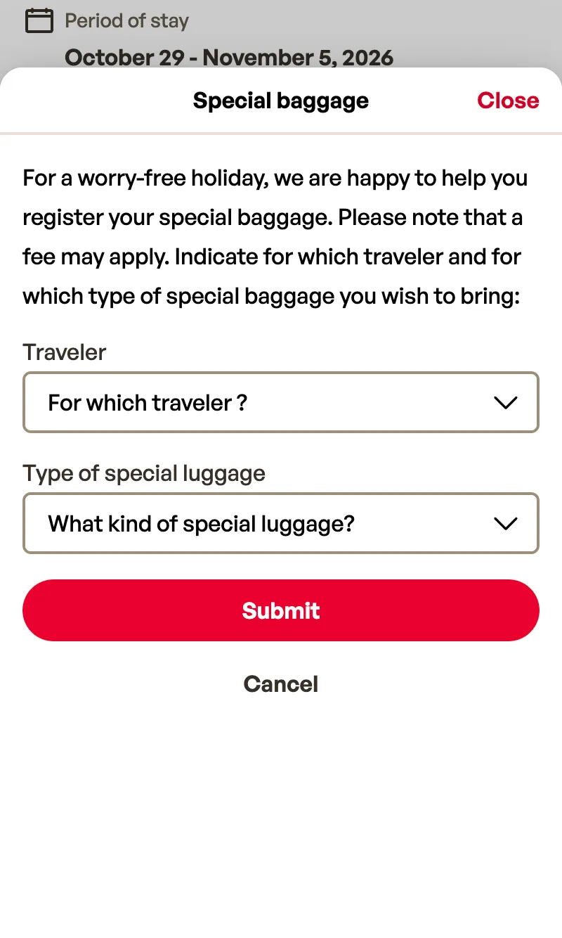 Special baggage sheet asking which traveller and what kind of luggage, with Submit and Cancel buttons