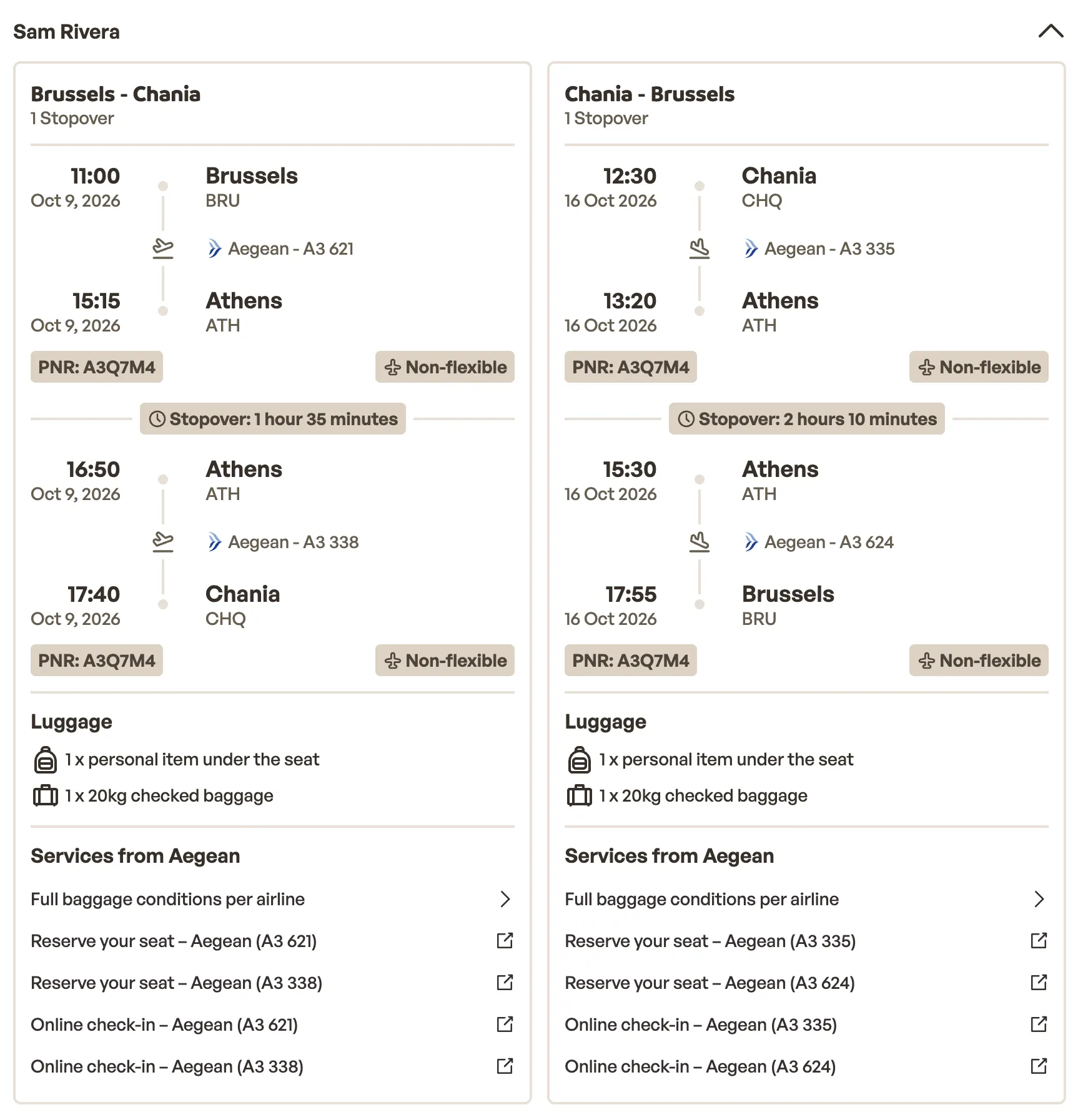 Flights for Sam Rivera: Brussels to Chania and back with Aegean, each with one stopover in Athens and its waiting time, luggage, and seat reservation and online check-in links per flight